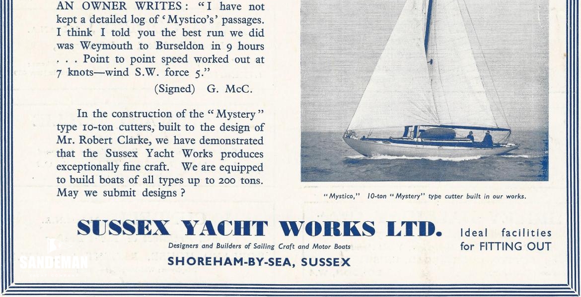 SUSSEX YACHT WORKS MYSTERY CLASS AD 1938