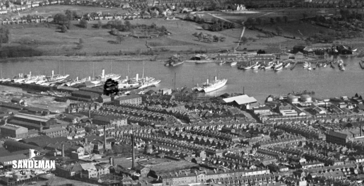 White's yard April 1933 (top right); laid up steam yachts (left) at Camper & Nicholsons & Thornycroft, Northam yards