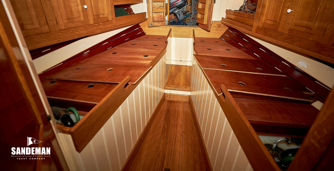 Fore cabin to show stowage and systems