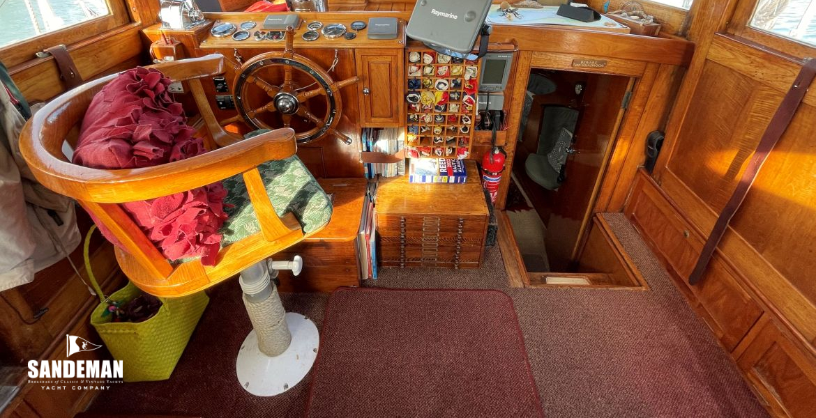 Wheelhouse view forward; fwd accommodation companionway to starboard