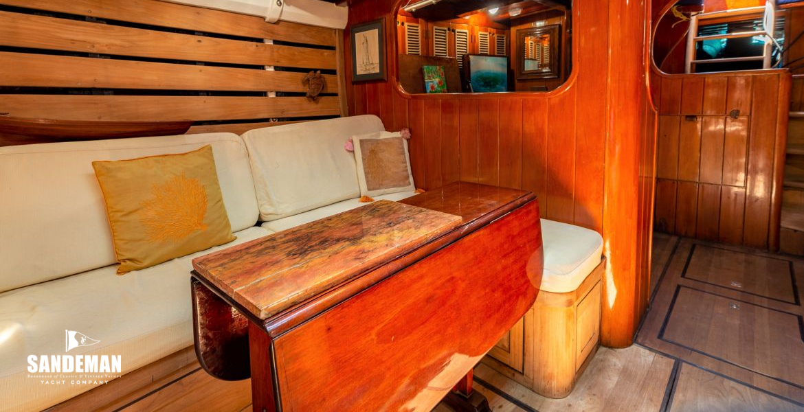 Saloon drop leaf dining table to starboard aft