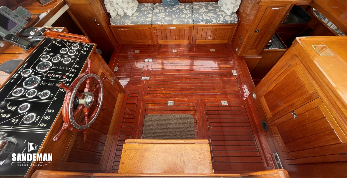 View into wheelhouse/ deck saloon from port companionway