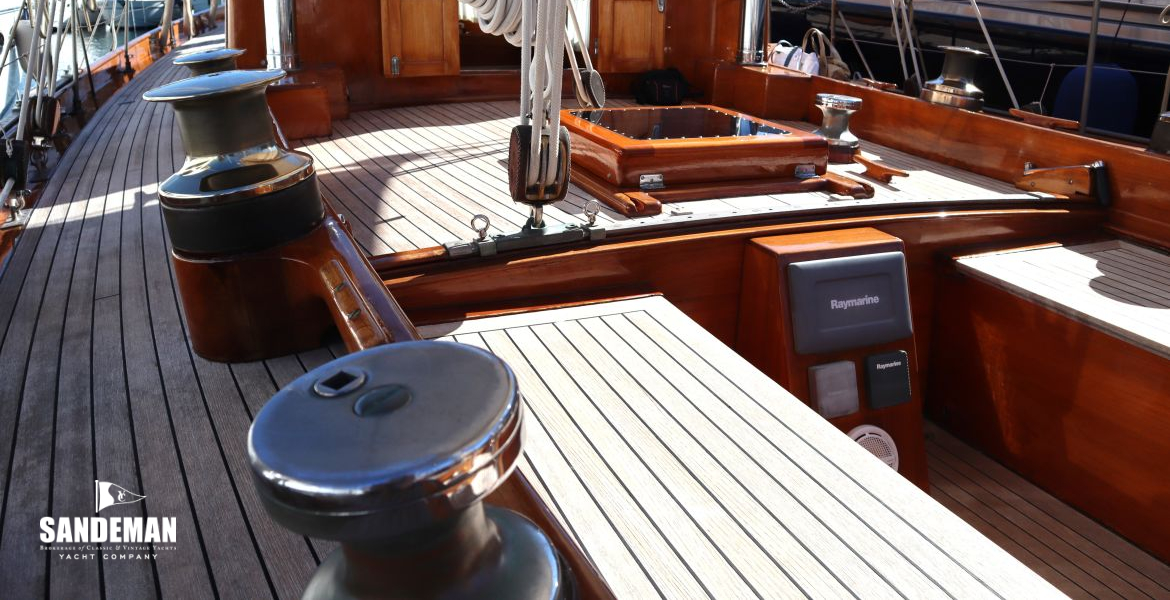 Cockpit view forward over port sheet winches
