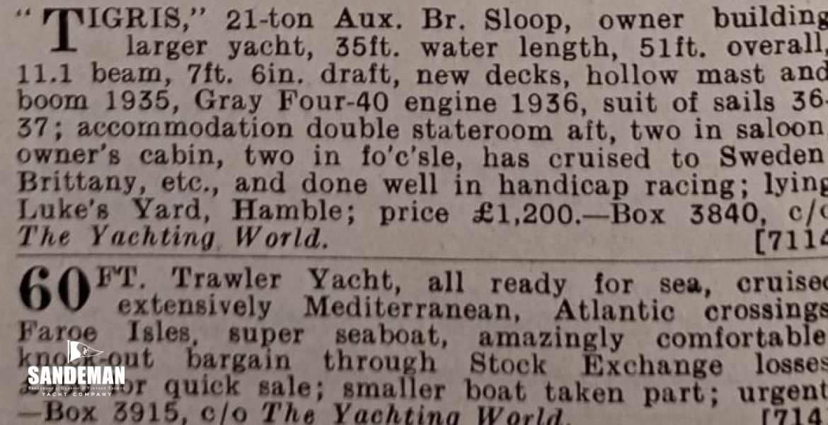1937 Yachting World brokerage ad