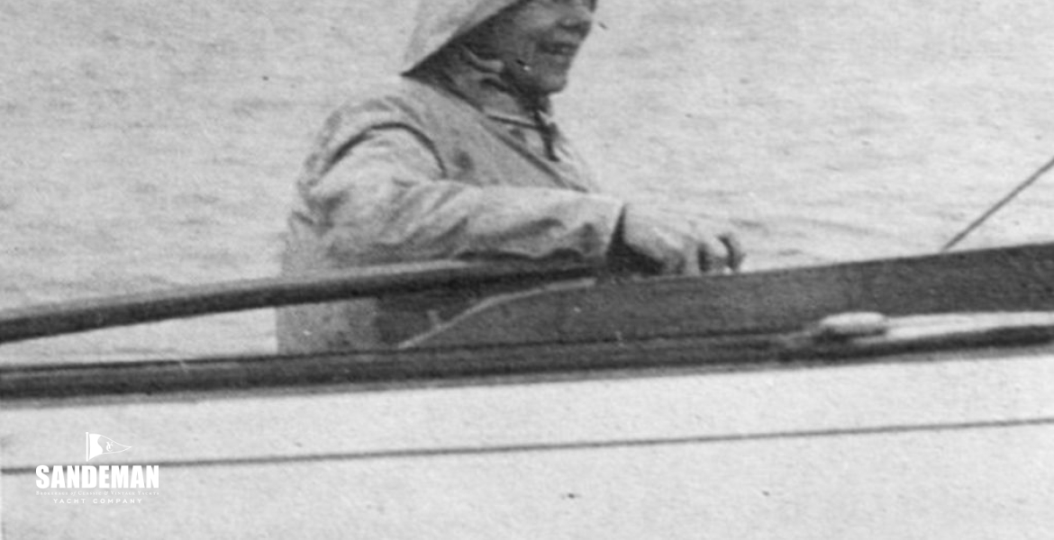 Margaret Simpson 1950 at helm of her Anker & Jensen built Dragon 'EMAGEE'