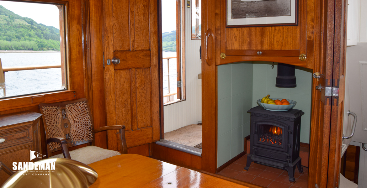 Deck saloon view forward to port entrance and wheelhouse
