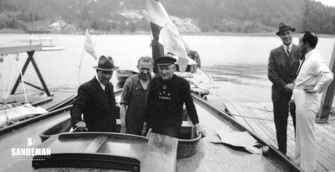 Launch day; Tore Holm, left; believed Holger Nilsson & Sven Salén, right [Search Magazine]