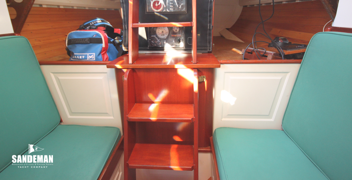 Aft saloon, quarter berths, companionway [photos with current upholstery to follow]