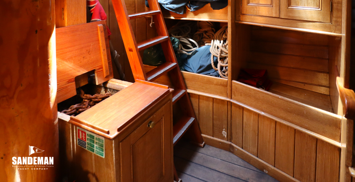 Chain chest; fwd companionway; stowage to port