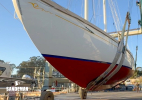 Hauled out forward, centerboard up